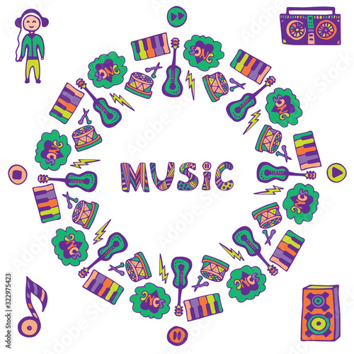 Hand drawn music frame. Music doodle colorful icons. Template for flyer  banner  poster  cover