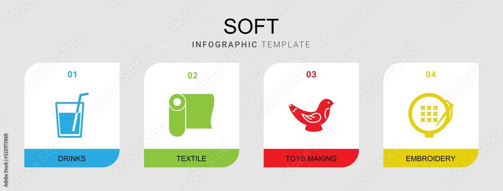 Fototapeta premium 4 soft filled icons set isolated on infographic template. Icons set with drinks, textile, Toys making, embroidery icons.