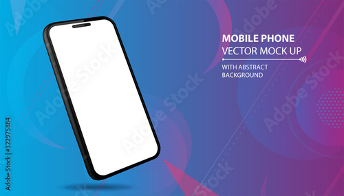 Mobile Phone Vector Mockup With Perspective View. Black Smartphone Isolated on Blue Geometric Background. 