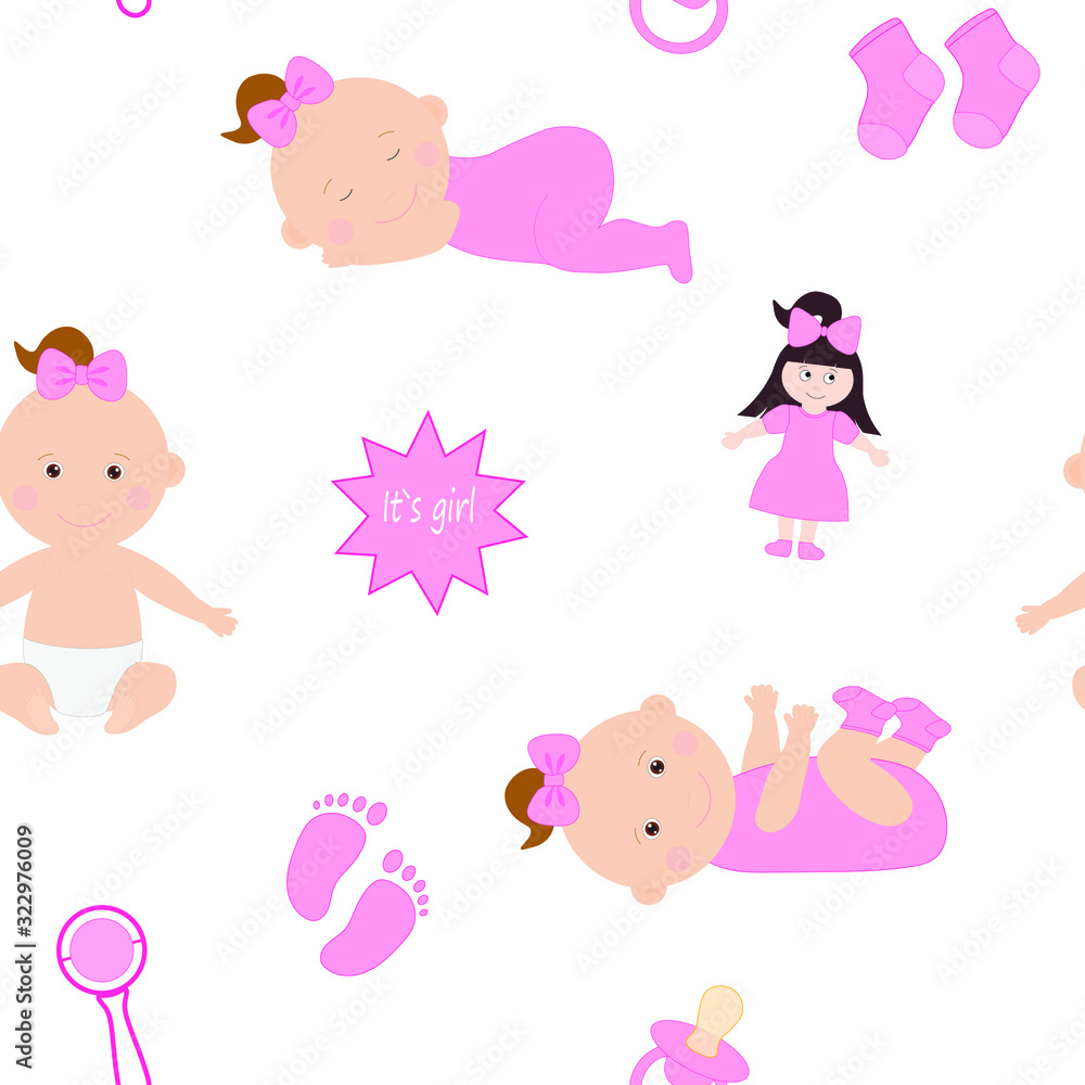 Seamless pattern Cute newborn kids girl vector drawing Seamless pattern Cute newborn kids girl vector drawing