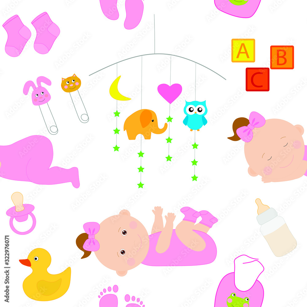 Seamless pattern Cute newborn kids girl vector drawing Seamless pattern Cute newborn kids girl vector drawing