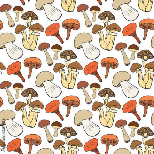 Hand drawn mushrooms seamless pattern in color. Doodle sketch vector background with edible mushrooms. Healthy food