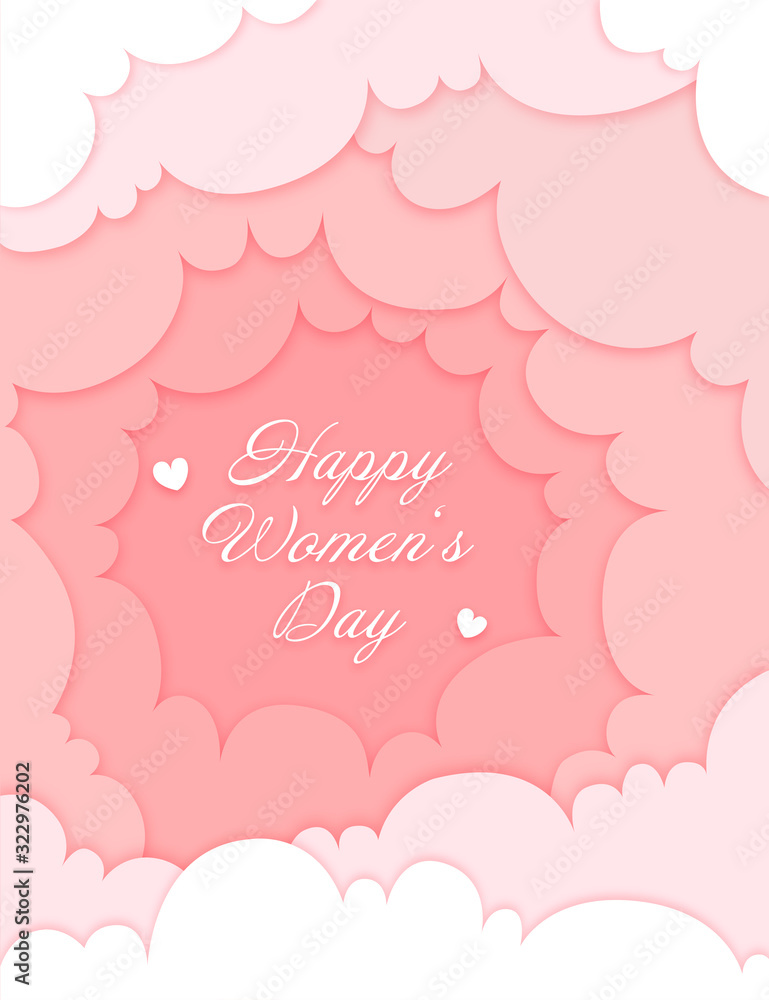 Happy Women's Day - Hintergrund in Papierschnitt, abstrakte Geschenkkarte mit Wolken und Herzen in Pink