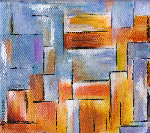 wall of bricks. Strokes of artistic oil paint on canvas. Hand drawn painting. black  orange  blue  color fragment of modern art. Paint brushes. Background and texture