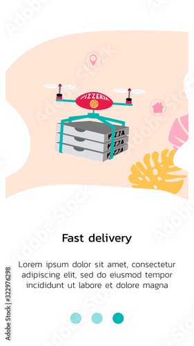 Vector illustration with template for mobile application, the drone flies to fulfill an online order and carries 3 boxes of pizza. Part of a set for application design in cartoon or flat style.