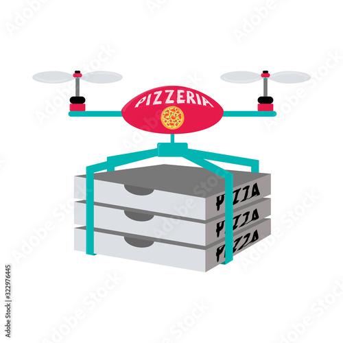 A drone with three boxes of pizza flies to fulfill an order. Flat style. Design for pizza delivery service, pizzeria. Design of a mobile application cafe, fast food