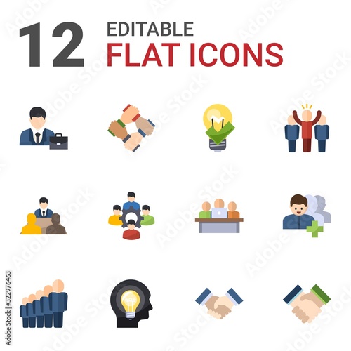 12 team flat icons set isolated on white background. Icons set with professional, start-up team, great solution, director, colleague, leader, staff, Creative people, partnership icons.