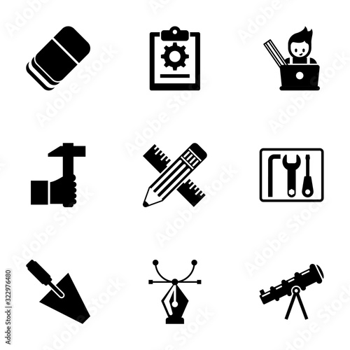 9 instrument filled icons set isolated on white background. Icons set with Eraser, project, graphic designer, Handicraft, Pencil & ruler, repair kit, trowel, Vector, telescope icons.