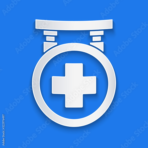 Paper cut Hospital signboard icon isolated on blue background. Paper art style. Vector Illustration