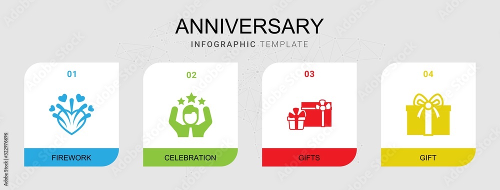 4 anniversary filled icons set isolated on infographic template. Icons set with firework, celebration, gifts, gift icons.