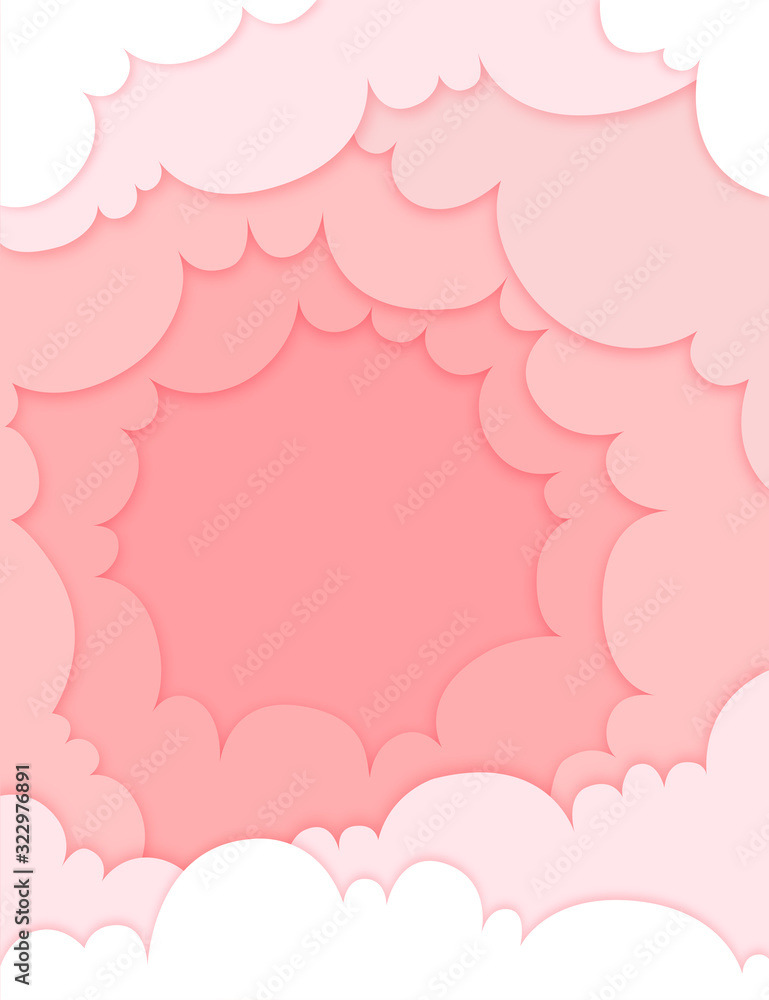 Hintergrund in Papierschnitt, abstrakte Geschenkkarte mit Wolken und Herzen in Pink Hintergrund in Papierschnitt, abstrakte Geschenkkarte mit Wolken und Herzen in Pink
