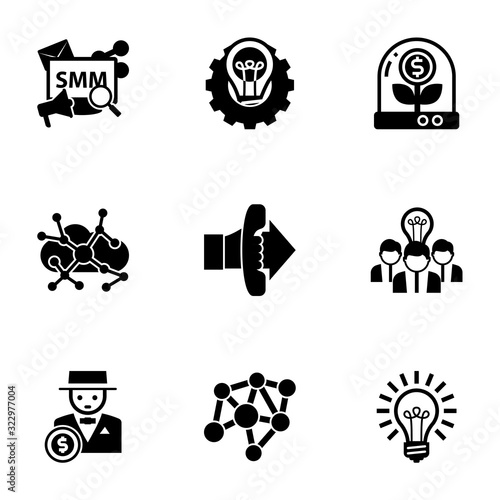 9 idea filled icons set isolated on white background. Icons set with Social Media Marketing, Creative process, Business incubator, Asynchronous Learning, Call To Action icons.