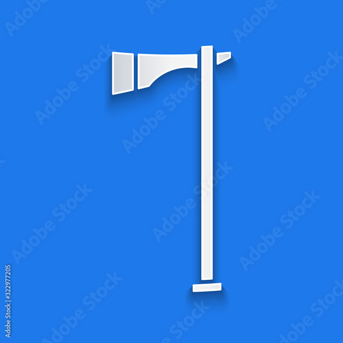 Paper cut Native american tomahawk axe icon isolated on blue background. Paper art style. Vector Illustration