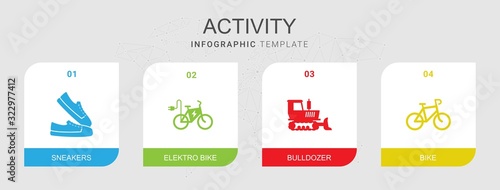 4 activity filled icons set isolated on infographic template. Icons set with sneakers, elektro bike, bulldozer, Bike icons.