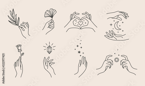 A set of women's hand logos in a minimalistic linear style. Vector design templates or emblems in various gestures.