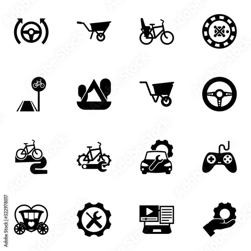 16 wheel filled icons set isolated on white background. Icons set with Autopilot, Wheelbarrow, Bike Child seat, bicycle lane, Camping, wheelbarrow, Bike tour, bike repair service icons.