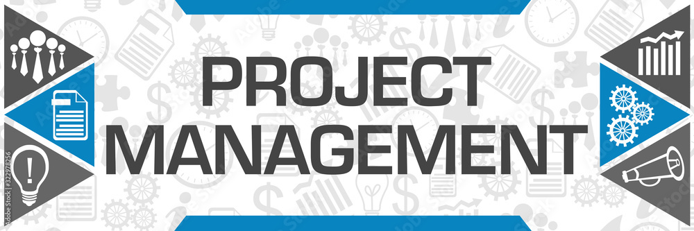 Obraz premium Project Management Blue Grey Triangles Both Sides Business Symbols 
