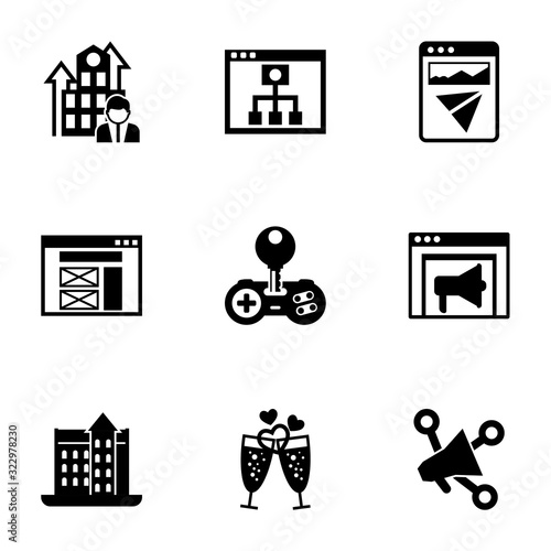 9 template filled icons set isolated on white background. Icons set with Business Company, Mobile Learning, Landing page, wireframe, Cheat, Banner Ads, castle, champagne icons.