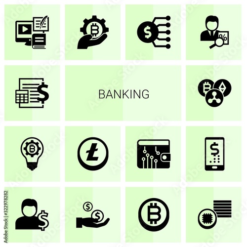 14 banking filled icons set isolated on white background. Icons set with Accounting, fintech innovation, Altcoin, Cryptocurrency, Payment Processor, fintech industry, Marketing budget icons.