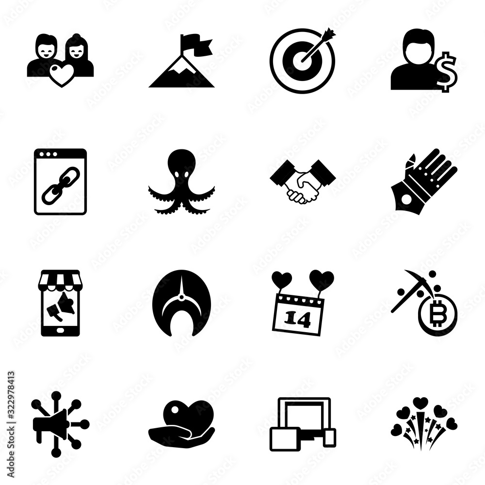Obraz premium 16 illustration filled icons set isolated on white background. Icons set with couple, attainment, Target, Web Link, octopus, Partnership, Mobile marketing, salmon, Account icons.