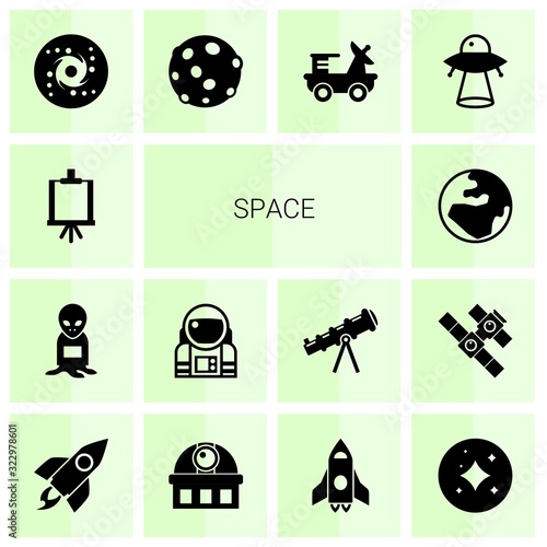 14 space filled icons set isolated on white background. Icons set with Easel, alien, astronaut, globe, galaxy, moon, moon rover, ufo, rocket, observatory, spaceship, stars icons.