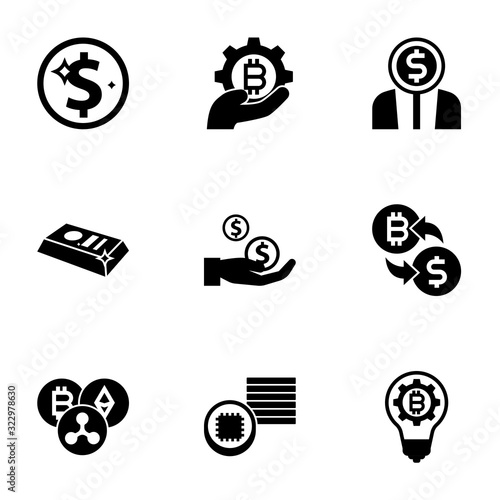 9 exchange filled icons set isolated on white background. Icons set with Net Income, fintech industry, Entrepreneurship, gold bar, Dividends, crypto-exchange, Cryptocurrency icons.