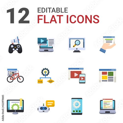 12 application flat icons set isolated on white background. Icons set with In-game Advertising, Systems Integration, analytics app, rental period, Algorithm, web services icons.