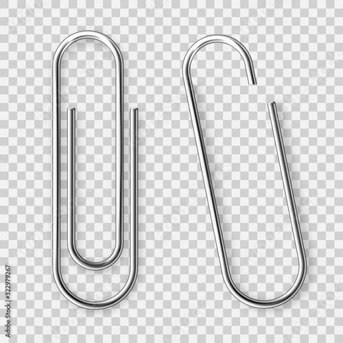 Realistic tilted metal paper clip. Page holder, binder. Vector illustration.