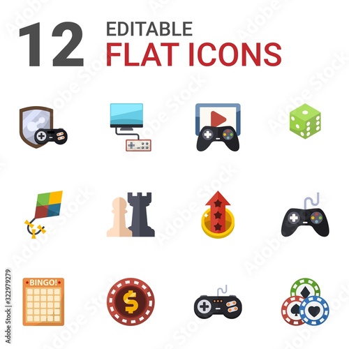 12 game flat icons set isolated on white background. Icons set with game clan, Video games, Game streaming, Hobbie, Strategy dice, Bingo, casino Chip, joystick, Casino icons.