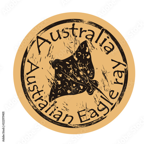 Australian Eagle ray in full growth vector silhouette icon round shabby emblem design old retro style. Devilfish logo mail stamp on craft paper. Shape Tropical skate, Stingray fish vintage grunge sign