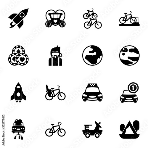 16 travel filled icons set isolated on white background. Icons set with rocket, Brougham, bike station, Casino, Diving, globe, spaceship, Bike Child seat, bicycle parking icons.