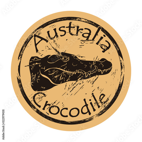 Australian freshwater crocodile silhouette icon round shabby emblem design old retro style. Crocodile head logo mail stamp on craft paper vintage grunge sign. Dangerous Australian predator