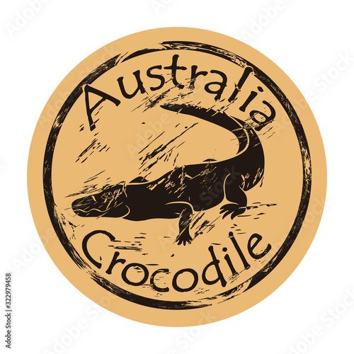 Australian freshwater crocodile silhouette icon round shabby emblem design old retro style. Crocodile in full growth logo mail stamp on craft paper vintage grunge sign. Dangerous predator reptile.