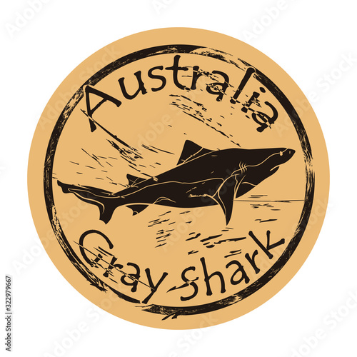 Gray shark silhouette icon vector round shabby emblem design old retro style. Shark in full growth logo mail stamp on craft paper. Deepwater dogfish shark vintage grunge sign. DeepWater Dog Fish Shark