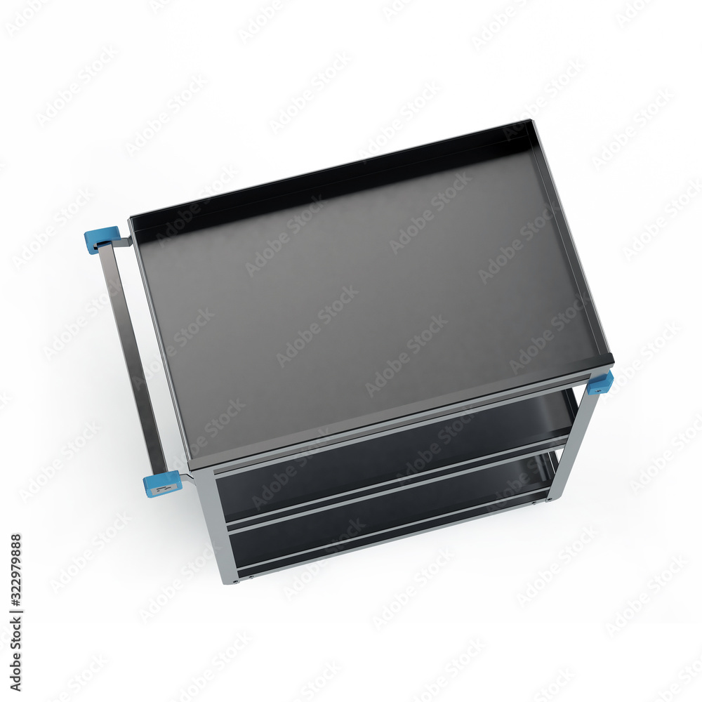 Manufacturing Trolley, Stainless Steel Three shelf Utility Cart with guard rails for transporting, 3D illustration Manufacturing Trolley, Stainless Steel Three shelf Utility Cart with guard rails for transporting, 3D illustration