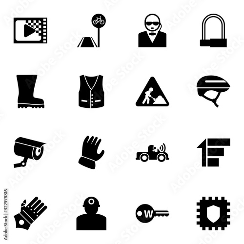 16 safety filled icons set isolated on white background. Icons set with Encoding, bicycle lane, security, Rubber boots, vest, construction works, security camera, Garden gloves icons.