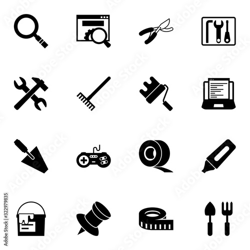 16 tool filled icons set isolated on white background. Icons set with Magnifier, website optimization, Garden pruner, tools, Rake, paint roller, trowel, joystick, repair kit icons.