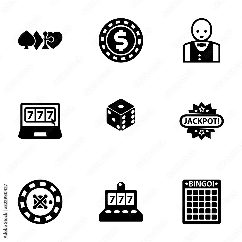 9 chance filled icons set isolated on white background. Icons set with gambling, casino Chip, Croupier, online casino, dice, Jackpot, roulette, slot machine, Bingo icons. 9 chance filled icons set isolated on white background. Icons set with gambling, casino Chip, Croupier, online casino, dice, Jackpot, roulette, slot machine, Bingo icons.