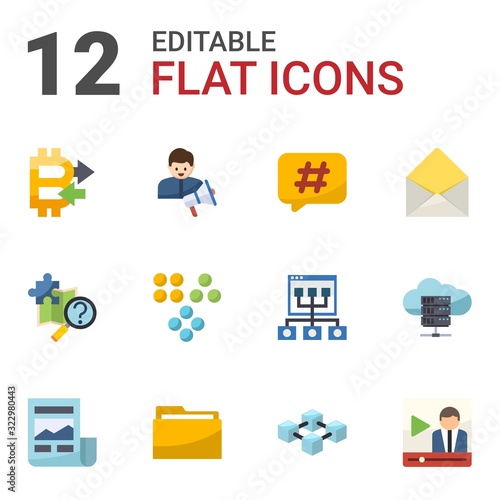 12 information flat icons set isolated on white background. Icons set with Peer to Peer, social media specialist, Hashtag, quest, Clustering, Envelop, News Feed, Folder icons.