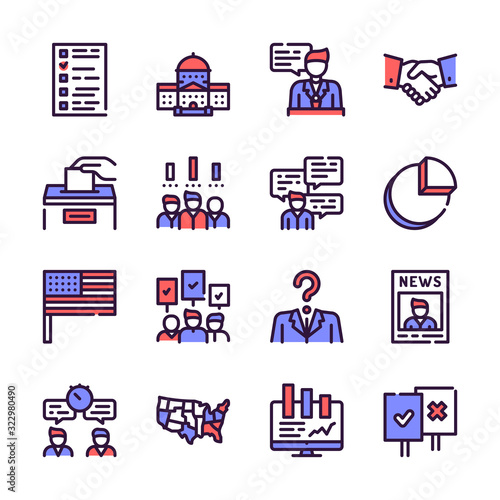 Election color linear vector icons set.