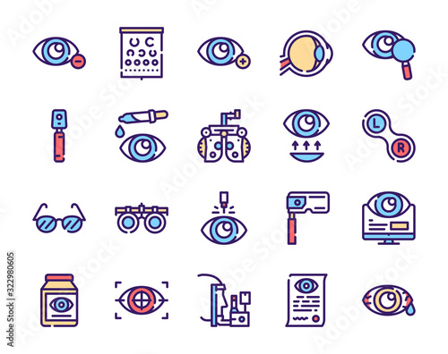 Ophthalmology color linear vector icons set.