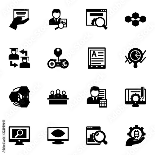 16 data filled icons set isolated on white background. Icons set with web services, tax consultant, website optimization, Web Infrastructure, Cheat, Web Hosting, AI Pattern icons.