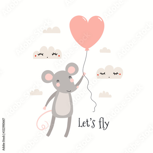 Hand drawn Valentines day card with cute mouse with heart balloon  quote Lets fly. Vector illustration. Isolated on white background. Scandinavian style flat design. Concept for children print  invite