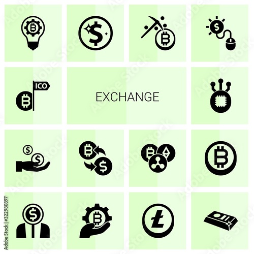 14 exchange filled icons set isolated on white background. Icons set with Initial Coin Offering, Dividends, crypto-exchange, Fork, fintech innovation, Net Income, Mining icons.
