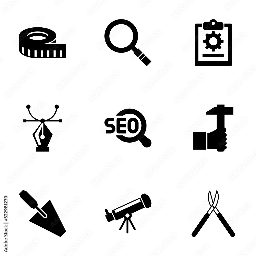 Fototapeta premium 9 instrument filled icons set isolated on white background. Icons set with measuring, Magnifier, project, Vector, SEO, Handicraft, trowel, Astronomy, Gardening scissors icons.