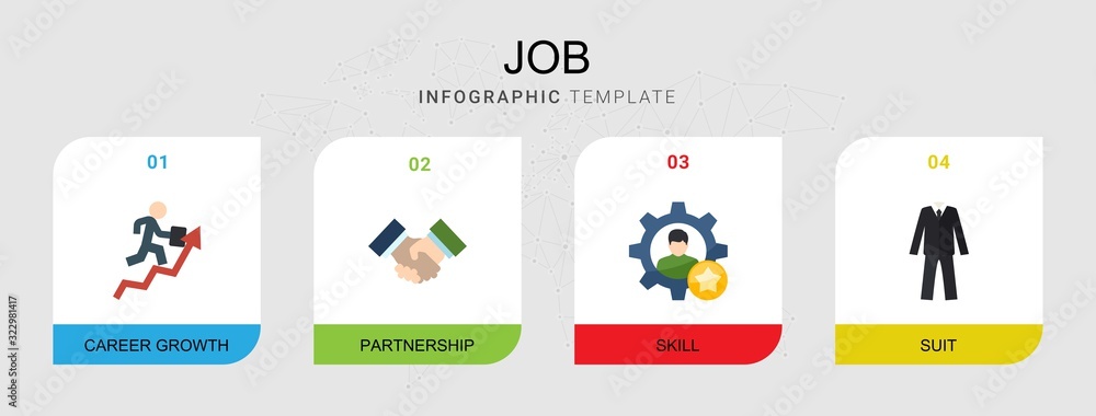 4 job flat icons set isolated on infographic template. Icons set with career growth, Partnership, skill, suit icons.