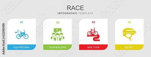 4 race filled icons set isolated on infographic template. Icons set with elektro bike, Team building, Bike tour, Helmet icons.
