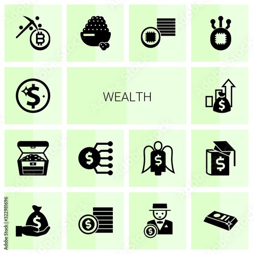 14 wealth filled icons set isolated on white background. Icons set with Net Income, treasure, Marketing budget, Asset, Mining, caviar, Tokens, Fork, Deposit, bet, rich man icons.