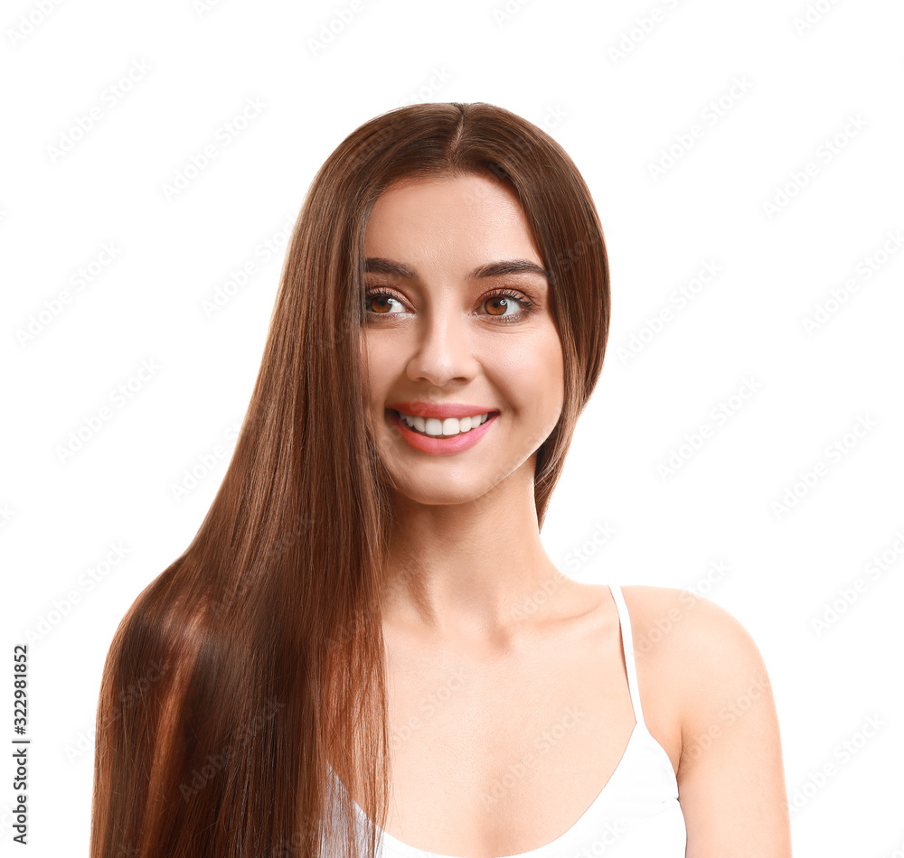 Beautiful woman with healthy long hair on white background Beautiful woman with healthy long hair on white background