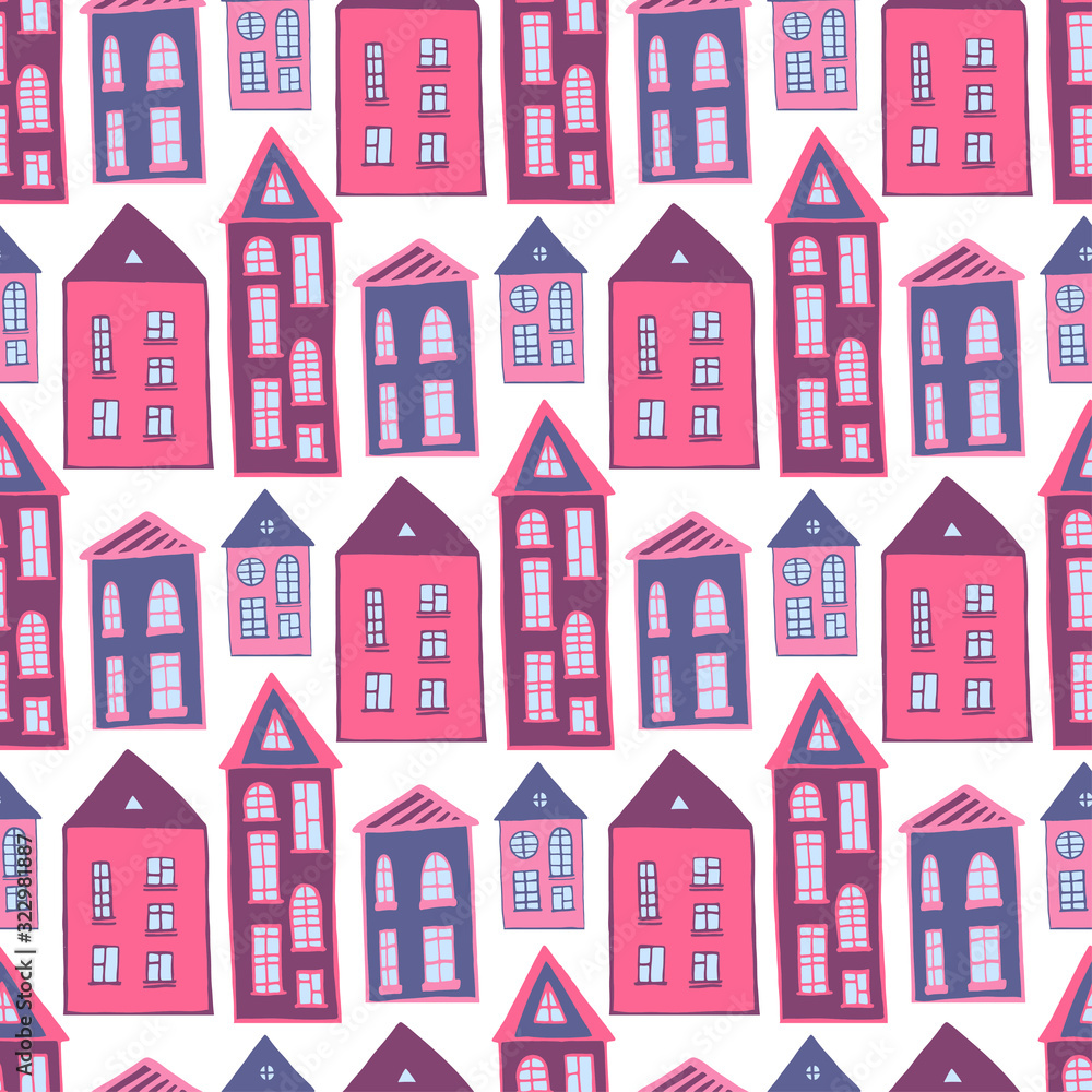 Houses seamless pattern. Sweet pink girlish background. Kids texture.